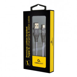 Gembird Premium cotton braided Type-C USB charging and data cable, 1m, szürke/fehér (CC-USB2B-AMCM-1M-WB2)
