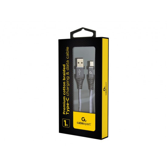 Gembird Premium cotton braided Type-C USB charging and data cable, 1m, szürke/fehér (CC-USB2B-AMCM-1M-WB2) Gembird Premium cotton braided Type-C USB charging and data cable, 1m, szürke/fehér (CC-USB2B-AMCM-1M-WB2)