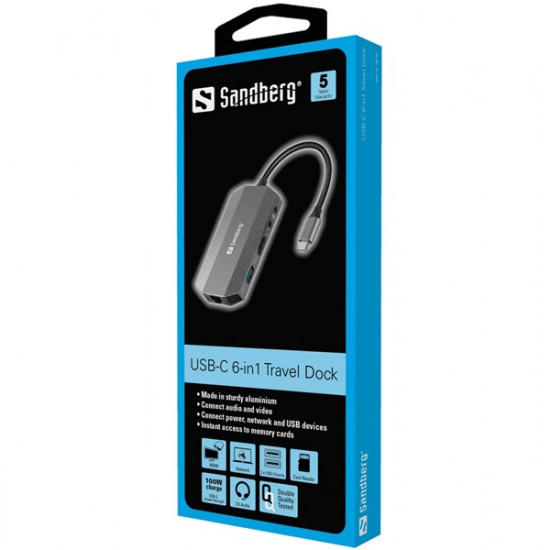 SANDBERG USB-C tartozék, USB-C 6in1 Travel Dock (136-33)
