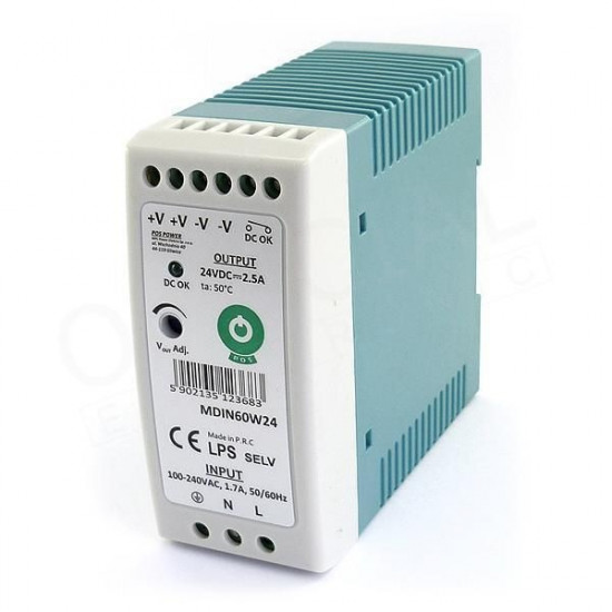 POS Power 24V/2.5A 60W DIN sínre szerelhető LED tápegység (MDIN60W24)