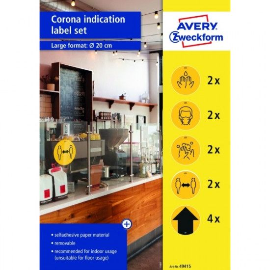 Avery 20cm sárga 12db-os 5 féle koronavírus információs címke szett (49415)