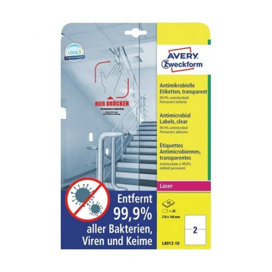 Avery antimikrobiális 210mm x 148mm átlátszó fóliacímke (L8012-10)