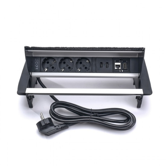 TOO RPS-111-3BR IP20, 3x 2P+F, HDMI, RJ45, 2x USB-A, szálcsiszolt asztalba süllyeszthető elosztó