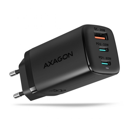 Axagon GaN USB-A + 2xUSB-C PD3.0/QC4+/PPS/Apple 65W hálózati töltő (ACU-DPQ65)