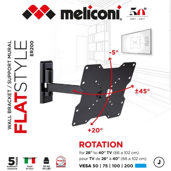 Meliconi FlatStyle ER200 dönthető, forgatható karos VESA 200 TV fali konzol (580458)