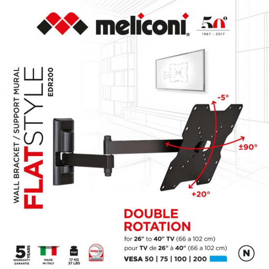 Meliconi FlatStyle EDR200 26-40'' VESA 200x200 dupla karos dönthető, forgatható fali konzol (580461)