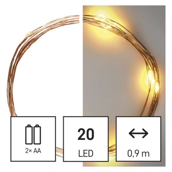 Emos LED 1,9 m/20LED/beltéri/időzítős/2xAA/meleg fehér nano karácsonyi LED fényfüzér (D3AW07)