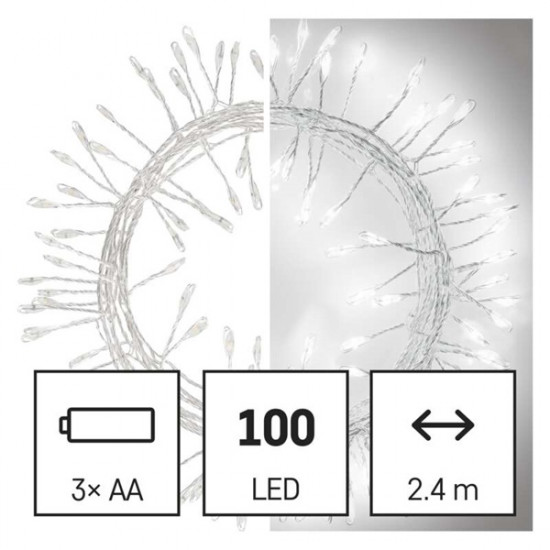Emos LED 2,4m/100LED/beltéri/3xAA/időzítős/hideg fehér nano karácsonyi LED fényfüzér (D3FC01)
