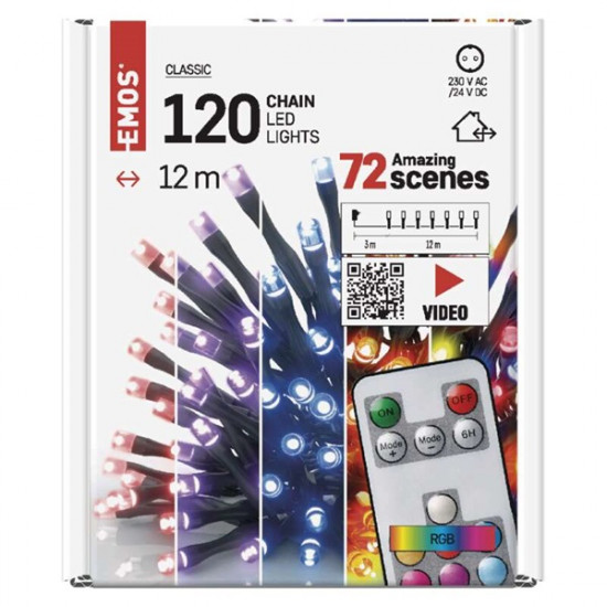 Emos 12m/120LED/kül-beltéri/RGB/időzítős színes karácsonyi LED fényfüzér (D4AA03)