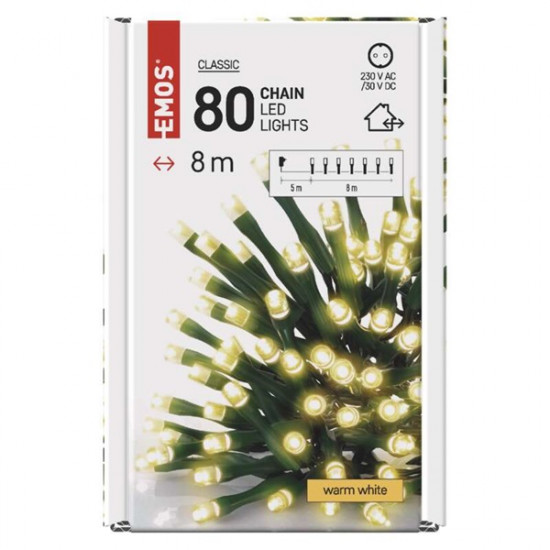 Emos 8m/80LED/kül-beltéri/időzítős/meleg fehér karácsonyi LED fényfüzér (D4AW02)