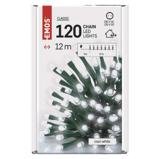 Emos 12m/120LED/kül-beltéri/időzítős/hideg fehér karácsonyi LED fényfüzér (D4AC03)