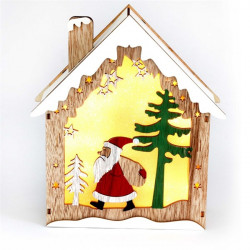 IRIS Faház alakú Télapó mintás/18,5x21cm/meleg fehér LED-es fa fénydekoráció  (310-06)