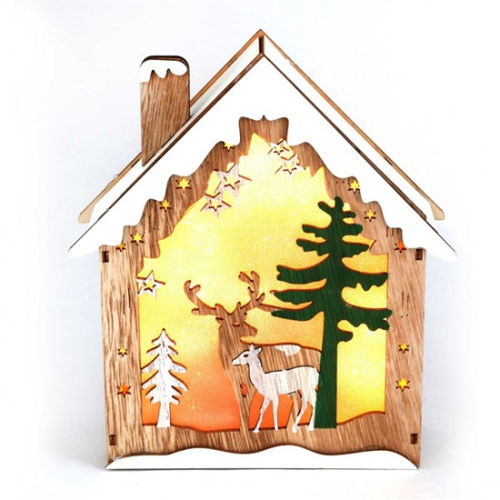 IRIS Faház alakú rénszarvas mintás/18,5x21cm/meleg fehér LED-es fa fénydekoráció  (310-07)