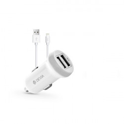 Devia Apple iPhone Lightning USB dual szivargyújtós töltő adapter + lightning adatkábel 5V/3, 1A, fehér (ST326905)