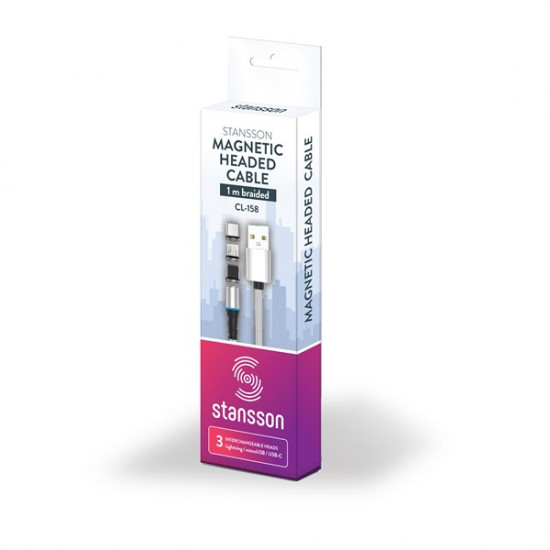 Stansson 1m 3in1 mágneses fejű microUSB/Type-C/Lightning fonott kábel (CL-158)