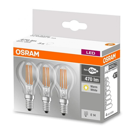 Osram BASE Clas LED fényforrás E14 4W Kisgömb meleg fehér filament (3db) (4058075819337)