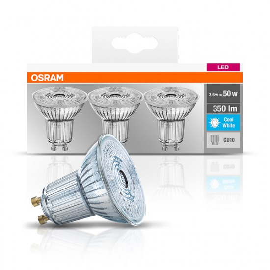 Osram BASE PAR16 LED fényforrás GU10 4.3W hideg fehér 3db/cs (4058075818415)