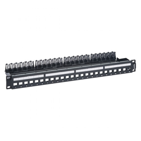 Legrand 632850 Linkeo C 19/1U üres patch panel 24 db Keystone jack fogadására, fém kábeltartóval