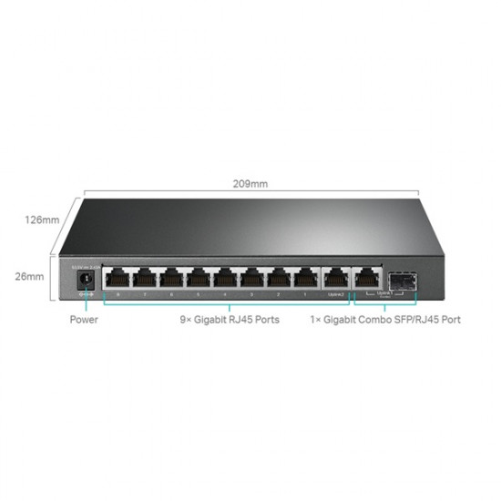 TP-LINK Switch 9x1000Mbps (8xPOE+) + 1 Gigabit kombó SFP, Fémházas Asztali, Easy Smart (TL-SG1210MPE)