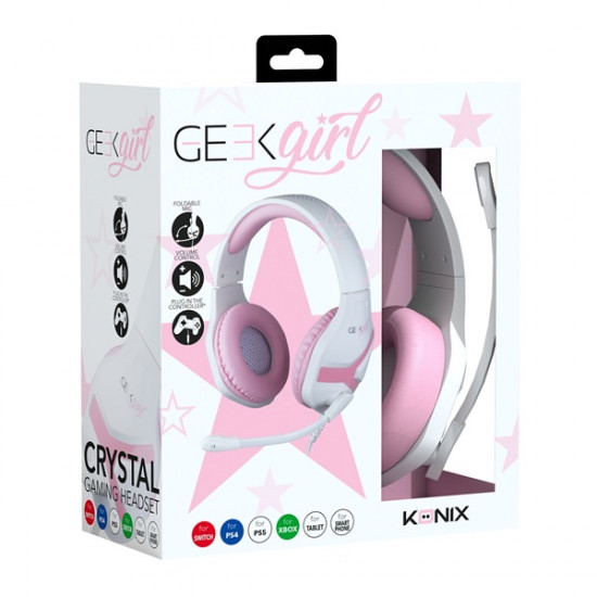 KONIX MYTHICS Geek Girl Crystal PS4 Vezetékes Gaming Stereo Mikrofonos Fejhallgató - Fehér/Pink (KX-GG-GH/CRYSTAL)