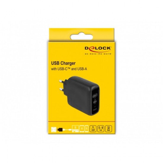 Delock USB-C PD 3.0 + USB-A 20W+12W hálózati töltő (41455)