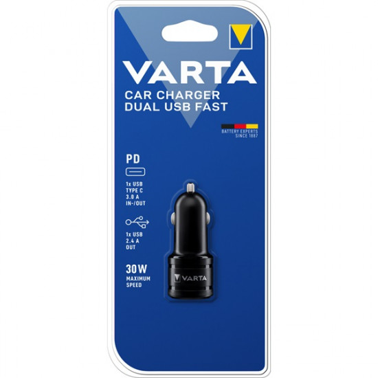 Varta Dual USB Car Charger 57932101401 USB-s töltőkészülék Személygépkocsi, Tehergépjármű Kimeneti áram (max.) 5400 mA 2 x USB, USB-C™ alj