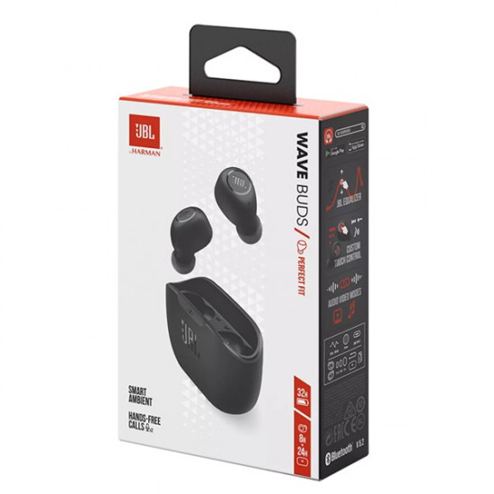 JBL Wave Buds (Vezeték nélküli fühallgató), Fekete (JBLWBUDSBLK)