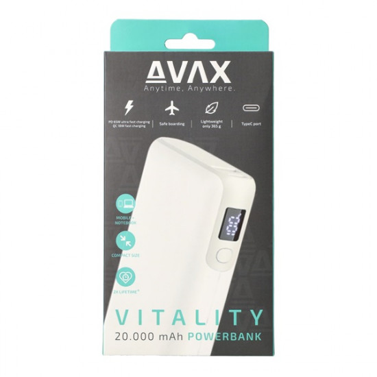 AVAX PB202W VITALITY 20000mAh Type C/PD 65W+QC18W gyorstöltő fehér power bank (PB202W)