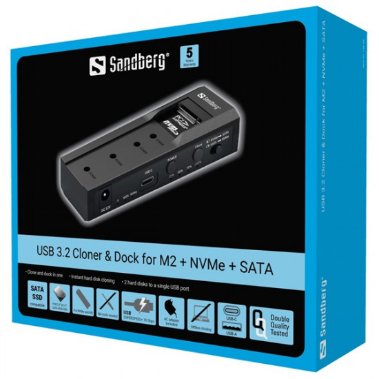 SANDBERG USB dokkoló, USB 3.2 Cloner and Dock for M2 + NVMe + SATA