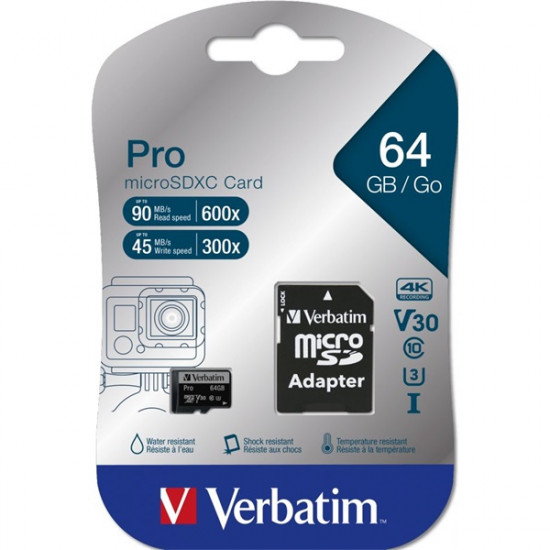 Verbatim 64GB microSDXC UHS-I Pro memóriakártya + adapter (47042)