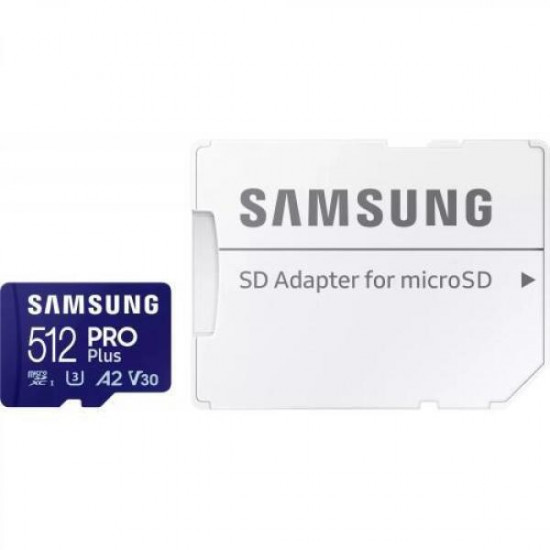 SAMSUNG 512GB PRO Plus microSDXC kártya, CLASS 10, UHS-I, U3, V30, A2, + Adapter, R180/W130 Memóriakártya