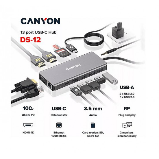 CANYON HUB 13-in-1, USB-C, 3xUSB3.0, 1xUSB2.0, 2xHDMI, VGA, Ethernet, Audio, SD/microSD, szürke (CNS-TDS12)