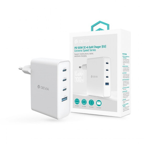Devia Extreme Speed Series 100W GaN PD hálózati gyorstöltő adapter USB+3xType-C - fehér