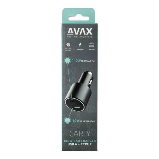 AVAX CC680B CARLY+ 140W USB A+Type C fekete autós töltő AVAX CC680B CARLY+ 140W USB A+Type C fekete autós töltő