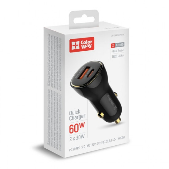 COLORWAY Autós töltő, CW-CHA046PD-BK Power Delivery Port PPS USB (USB-A + USB-C) (60 W) Fekete COLORWAY Autós töltő, CW-CHA046PD-BK Power Delivery Port PPS USB (USB-A + USB-C) (60 W) Fekete