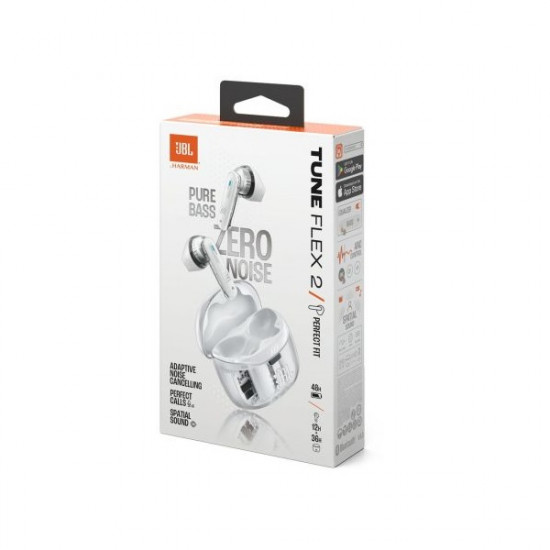JBL TUNE FLEX 2 GHOST EDITION Bluetooth fülhallgató, tölthető 2 óra, IP45, adaptív zajcsökkentés,  térhatás, fehér (JBLTFLEX2GWHT)