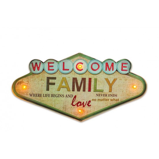 FOREVER LIGHT RETRO metál LED dekorációs lámpa WELCOME FAMILY, USB, 5V, falra akasztható