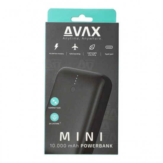 AVAX PB105B MINI 10000mAh Type C/PD 20W+QC 22.5W gyorstöltő fekete power bank AVAX PB105B MINI 10000mAh Type C/PD 20W+QC 22.5W gyorstöltő fekete power bank