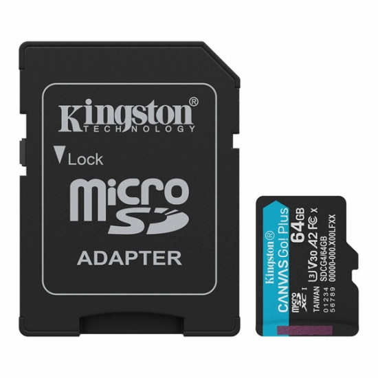 KINGSTON Canvas Go Plus 64GB MicroSDXC Gen4 200R A2 U3 V30 Memóriakártya + Adapter