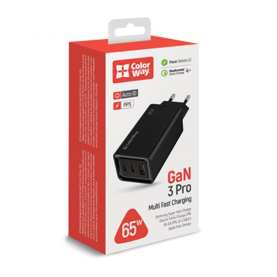 COLORWAY USB töltő adapter, GaN3 Pro Power Delivery (USB-A + 2 USB TYPE-C) (65W) fekete (CW-CHS039PD-BK) COLORWAY USB töltő adapter, GaN3 Pro Power Delivery (USB-A + 2 USB TYPE-C) (65W) fekete (CW-CHS039PD-BK)