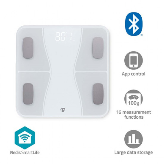 Nedis BTHPS11WT Bluetooth® okos személy mérleg, max. terhelés 180kg, Android™ / IOS