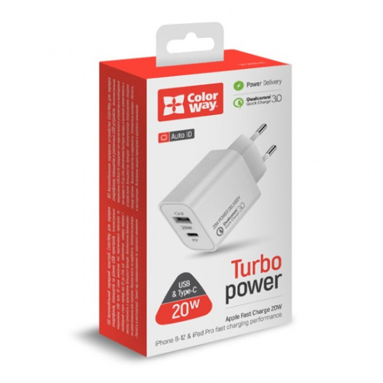 COLORWAY USB töltő adapter, (Type-C PD + USB QC3.0) (20W) V2 white COLORWAY USB töltő adapter, (Type-C PD + USB QC3.0) (20W) V2 white