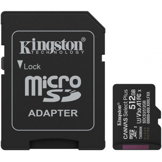 KINGSTON Canvas Select Plus Gen3 512GB 150R A1 + Adaprer Memóriakártya MicroSDXC KINGSTON Canvas Select Plus Gen3 512GB 150R A1 + Adaprer Memóriakártya MicroSDXC