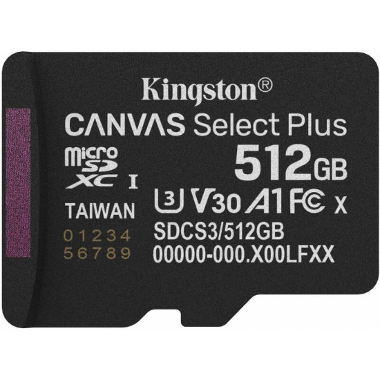 KINGSTON Canvas Select Plus Gen3 512GB 150R A1 Adaprer nélkül Memóriakártya MicroSDXC KINGSTON Canvas Select Plus Gen3 512GB 150R A1 Adaprer nélkül Memóriakártya MicroSDXC