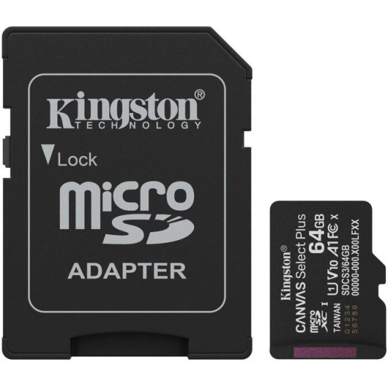 KINGSTON Canvas Select Plus Gen3 64GB 100R A1 + Adaprer Memóriakártya MicroSDXC KINGSTON Canvas Select Plus Gen3 64GB 100R A1 + Adaprer Memóriakártya MicroSDXC