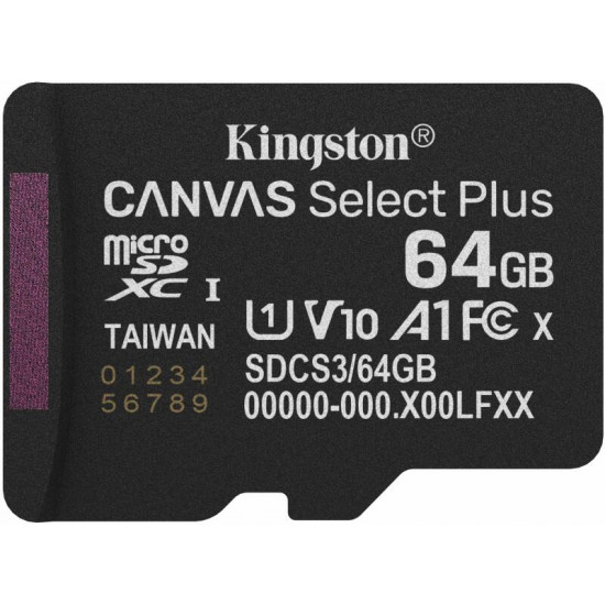 KINGSTON Canvas Select Plus Gen3 64GB 100R A1 Adaprer nélkül Memóriakártya MicroSDXC KINGSTON Canvas Select Plus Gen3 64GB 100R A1 Adaprer nélkül Memóriakártya MicroSDXC