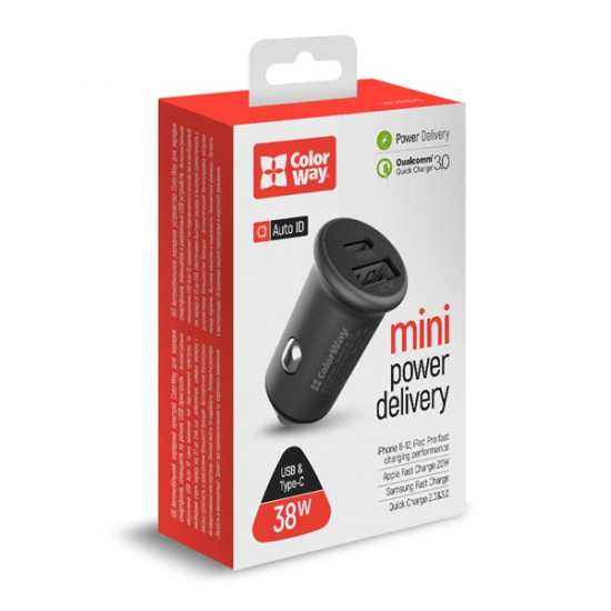 COLORWAY Autós töltő, CW-CHA029PD-GR, 2xUSB (Type-C PD20W + USB QC3.0 ) (38W) szürke COLORWAY Autós töltő, CW-CHA029PD-GR, 2xUSB (Type-C PD20W + USB QC3.0 ) (38W) szürke