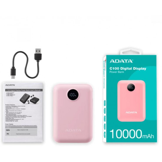 ADATA Power Bank 10000mAh C100 Rózsaszín, Digitális kijelző