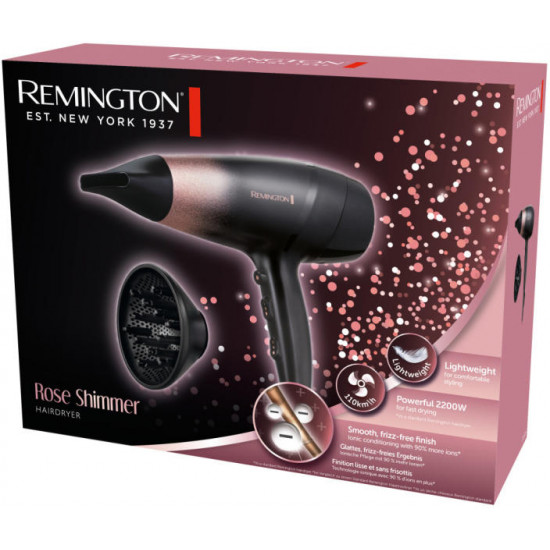 REMINGTON D5305 Rose Shimmer hajszárító, 2200 W, ionos kondicionálás 90%, 3 hőm./2 seb., diffúzor, szűkítő