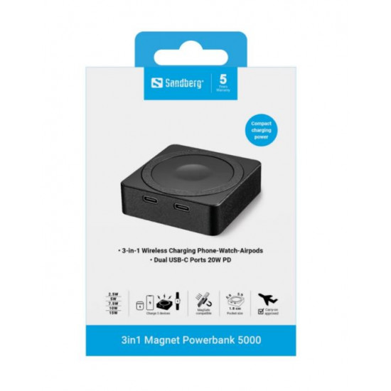 SANDBERG 3 in 1 mágneses powerbank, 5000 mAh (18.5 Wh), carry - on approved, 1,8 cm, 5 év garancia